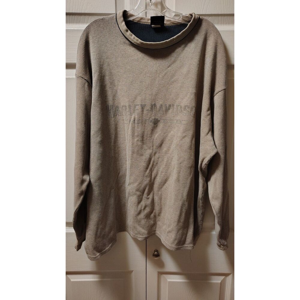 Vintage Harley-Davidson Waffle Knit Thermal Crewneck Sweatshirt Tan Earth XXXL